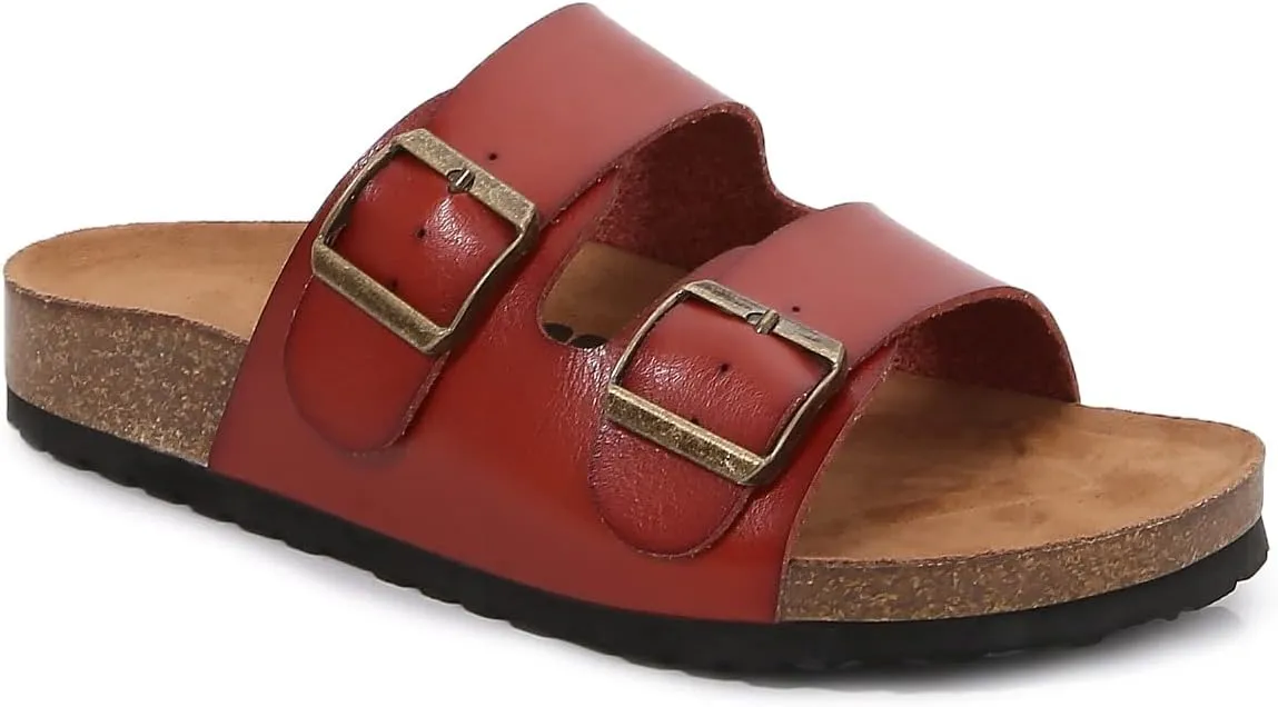 mm Women Soft Cork Cushioned Footbed PU Leather Double Strap Slider Sandal