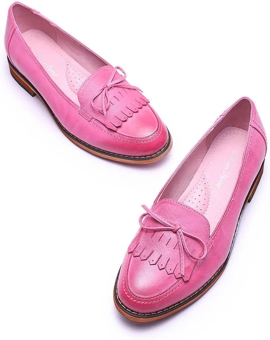 Mona flying Women's Leather Tassel Loafer Dress Casual Slip on Flat Office Work Shoes for Ladies