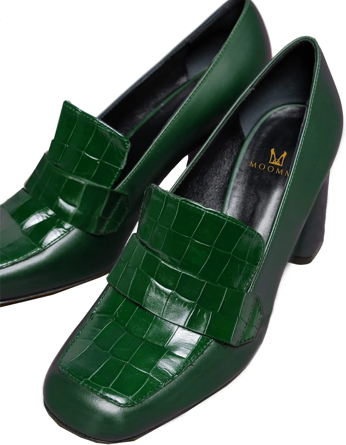 MOOMMO Women Chunky Block Heel Loafer Shoes Slip On Square Toe Formal High Heels Pumps Crocodile Closed Toe 3" Heel Oxford Shoes Office Ladies Business Professional Comfortable Spring Fall 4-11 M US