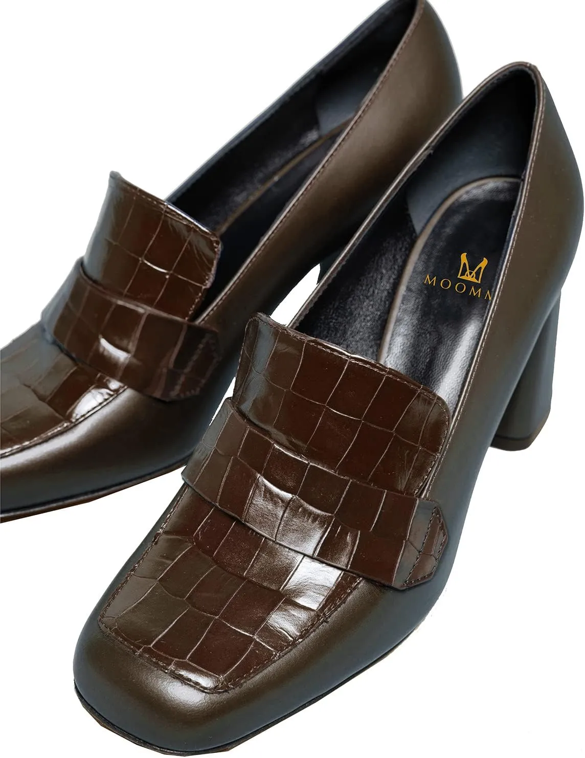 MOOMMO Women Chunky Block Heel Loafer Shoes Slip On Square Toe Formal High Heels Pumps Crocodile Closed Toe 3" Heel Oxford Shoes Office Ladies Business Professional Comfortable Spring Fall 4-11 M US