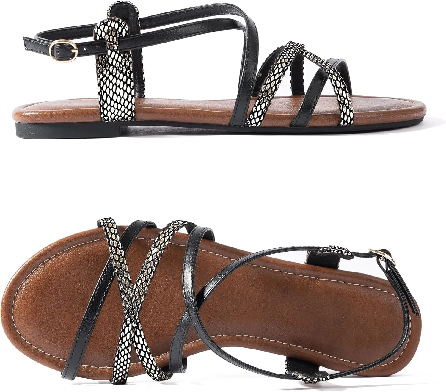 Mtzyoa Women Flat Sandals Summer Gladiator Adjustable Ankle Strappy Dressy Cross Vacation Comfort Cushioning Leather Non-Slip Casual Party Trendy