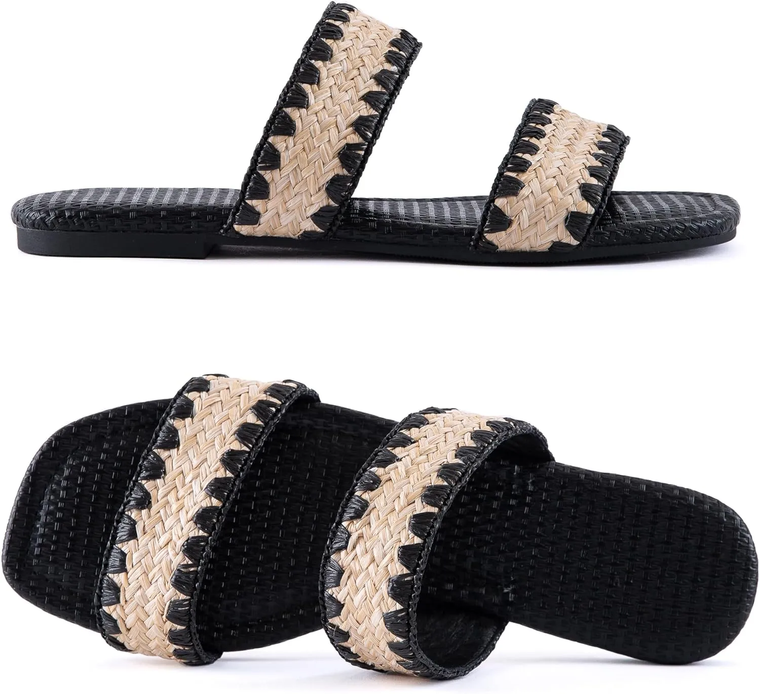 Mtzyoa Women's Sandals Casual Braided Dressy Summer Square Toe Quilted Flat Sandals