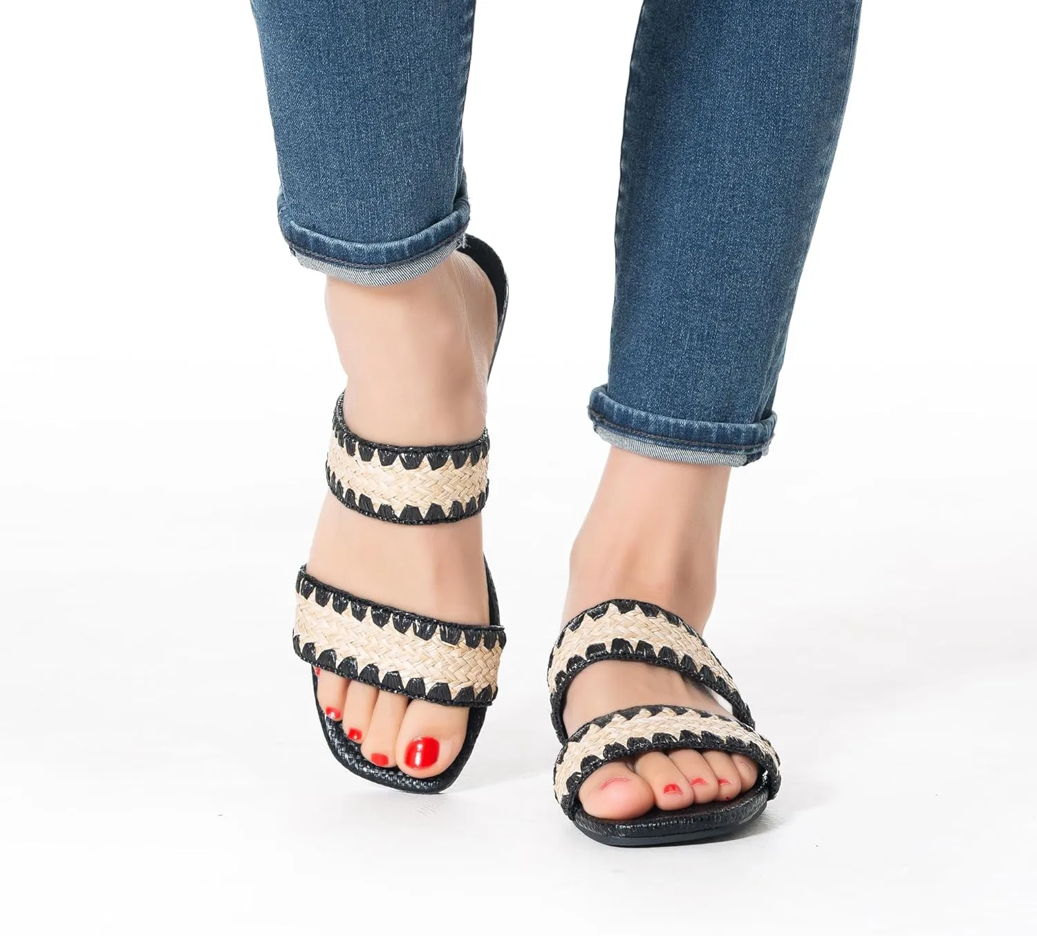 Mtzyoa Women's Sandals Casual Braided Dressy Summer Square Toe Quilted Flat Sandals