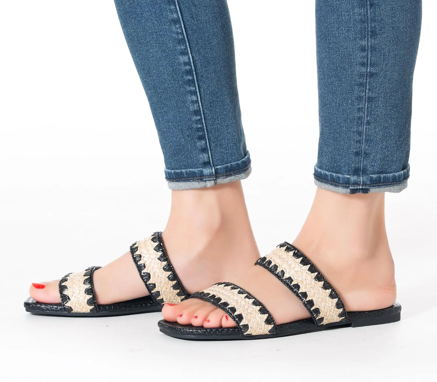 Mtzyoa Women's Sandals Casual Braided Dressy Summer Square Toe Quilted Flat Sandals