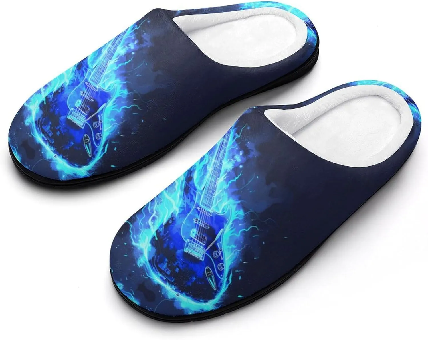 Music Blue Electric Guitar Men's Cotton Slippers Soft House Shoes Anti-Skid Bedroom Slipper for Home Outdoor