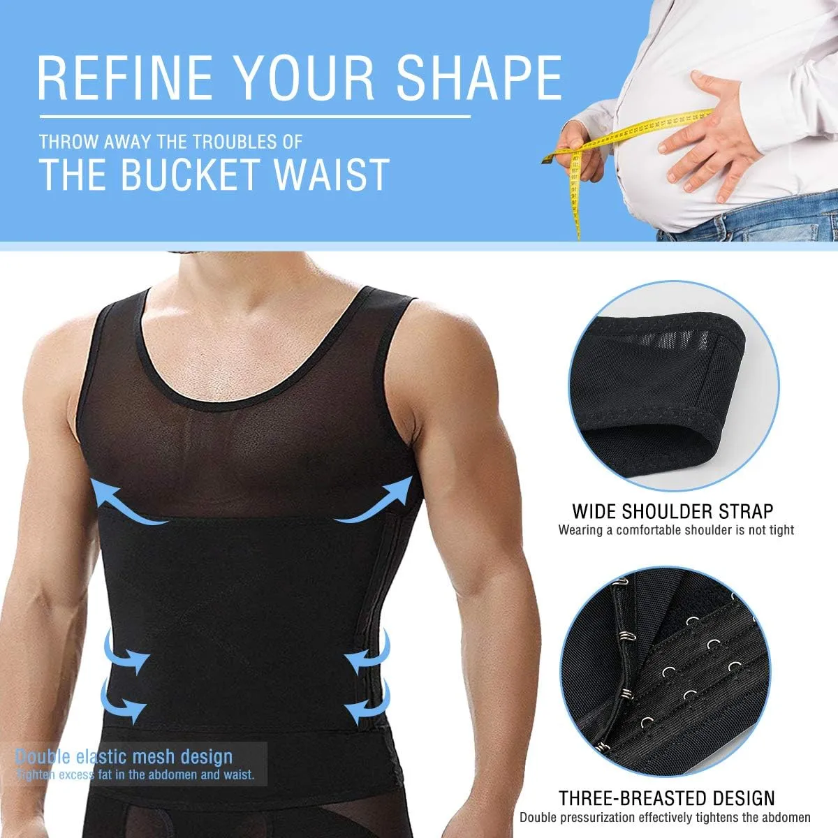 NonEcho Men Shapewear Compression Shirts Undershirts Slimming Body Shaper Waist Trainer Tank Top Vest with Zipper