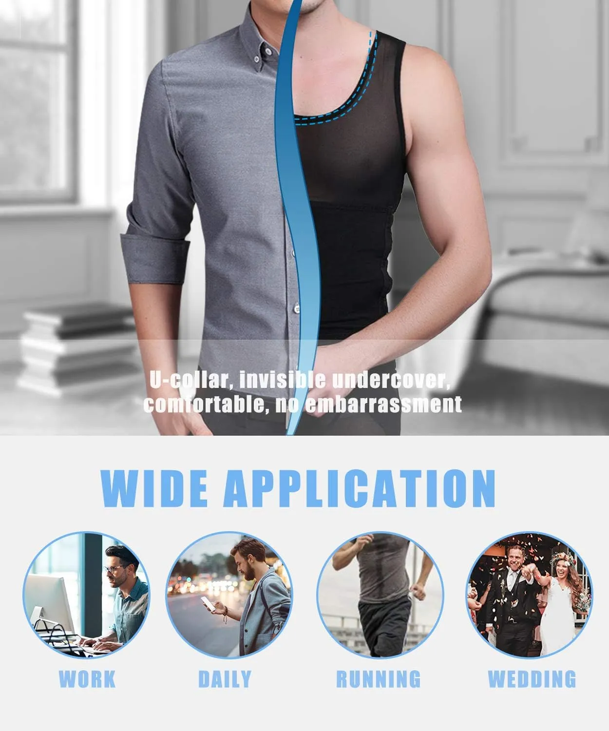 NonEcho Men Shapewear Compression Shirts Undershirts Slimming Body Shaper Waist Trainer Tank Top Vest with Zipper