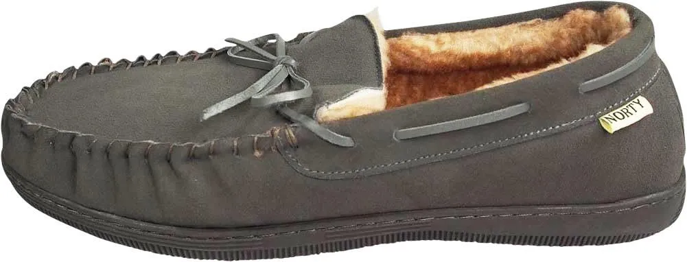 NORTY Mens Genuine Leather Cowhide Suede Slippers - Moccasin Slip On Loafer - Lux Plush Fur Lining