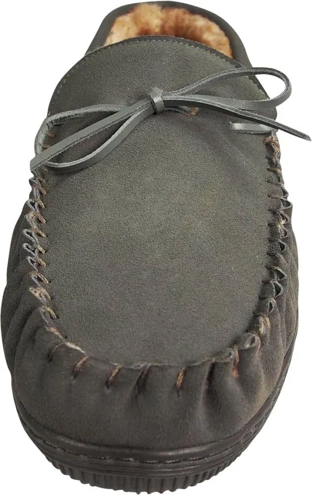 NORTY Mens Genuine Leather Cowhide Suede Slippers - Moccasin Slip On Loafer - Lux Plush Fur Lining