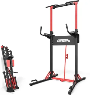 ONETWOFIT Foldable Power Tower Pull Up Bar Station Assistive Trainer Multi-Function Adjustable Dip Station for Home Gym Workout, Heavy Duty Strength Training Fitness Equipment Pull Up Stand