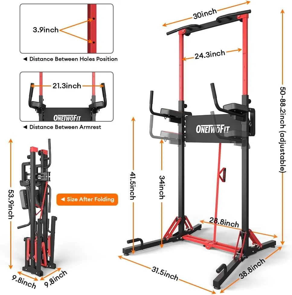 ONETWOFIT Foldable Power Tower Pull Up Bar Station Assistive Trainer Multi-Function Adjustable Dip Station for Home Gym Workout, Heavy Duty Strength Training Fitness Equipment Pull Up Stand