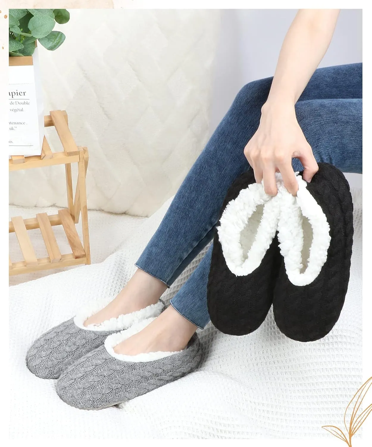 Panda Bros 2 Pairs Slipper Socks For Women With Grippers, Fuzzy Womens Slipper Socks With Non Slip Bottoms, Cozy Warm House Slippers