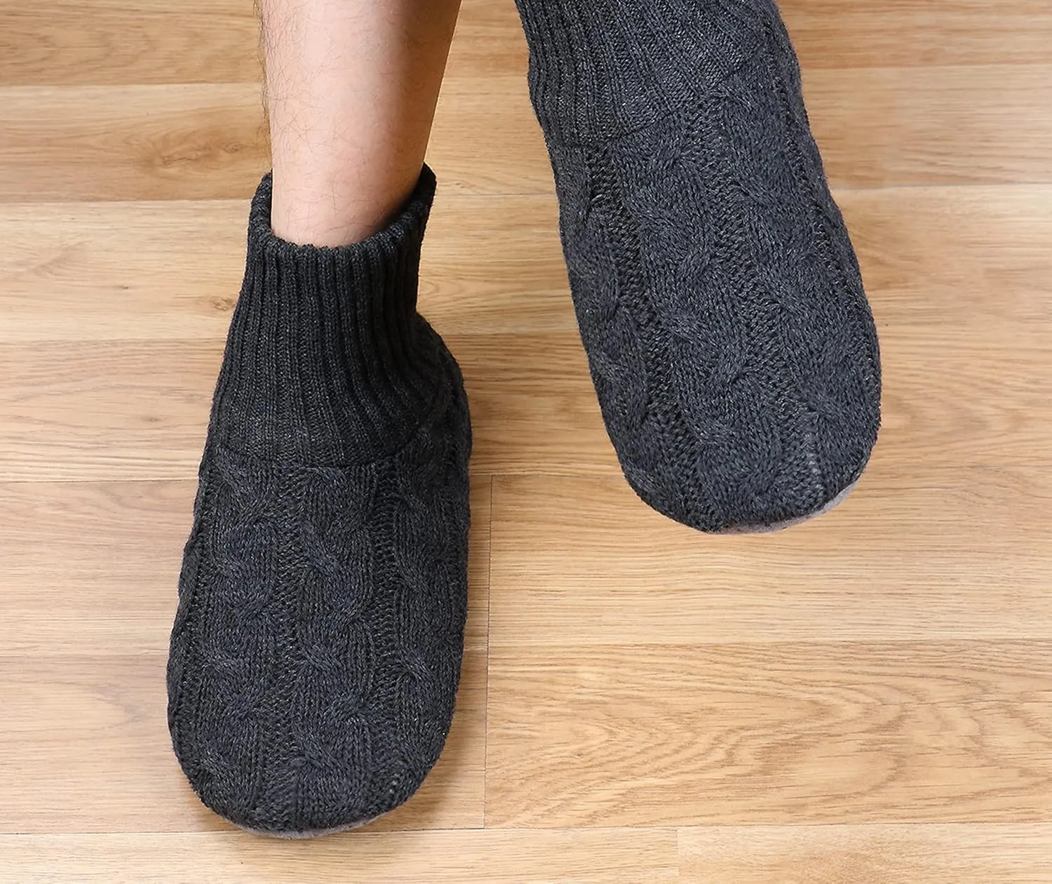 Panda Bros Men's Slipper Socks, Winter Cable Knit Non-Skid Warm Cozy Soft Indoor Socks With Fluffy Sherpa Lined