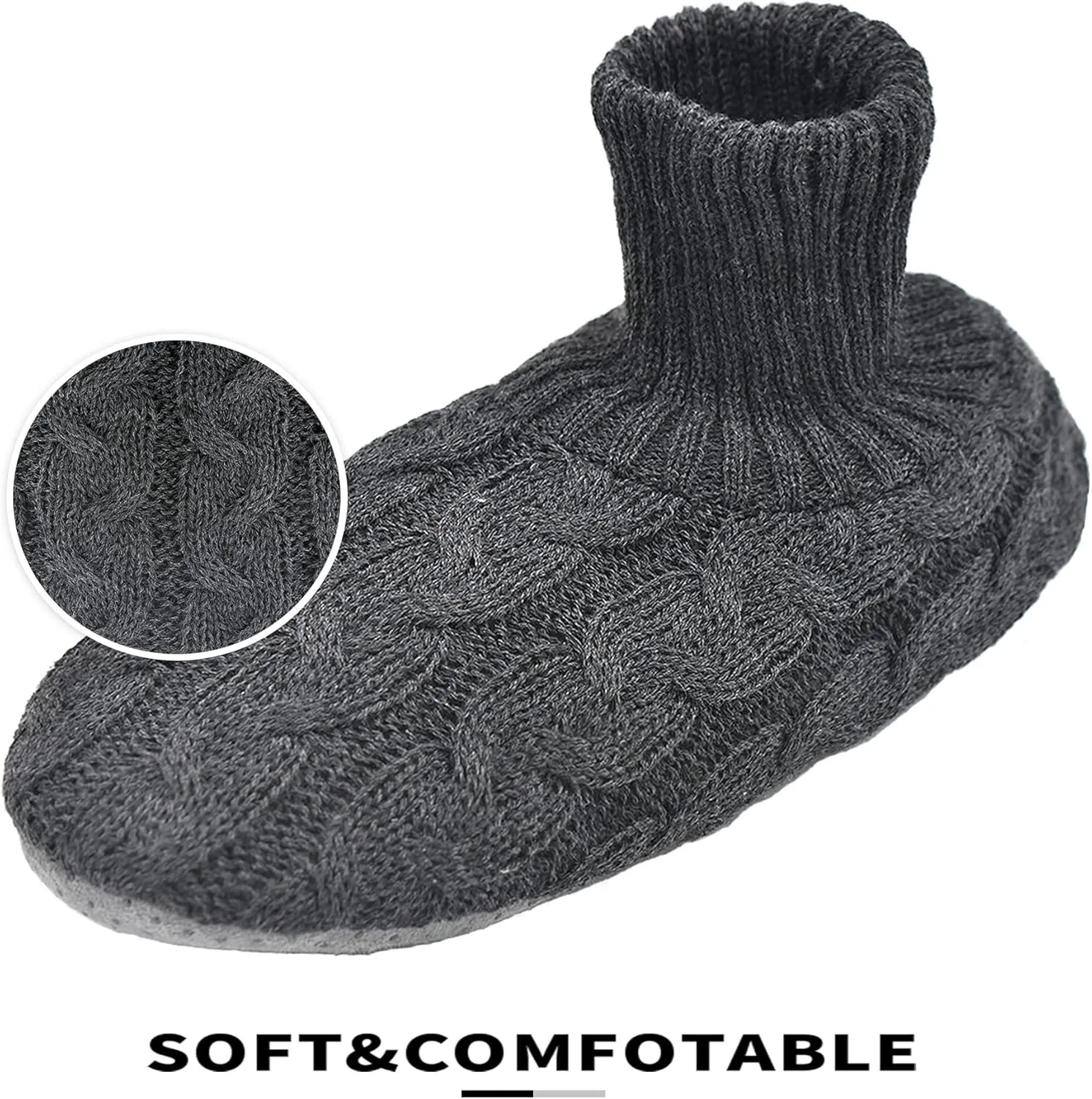 Panda Bros Men's Slipper Socks, Winter Cable Knit Non-Skid Warm Cozy Soft Indoor Socks With Fluffy Sherpa Lined