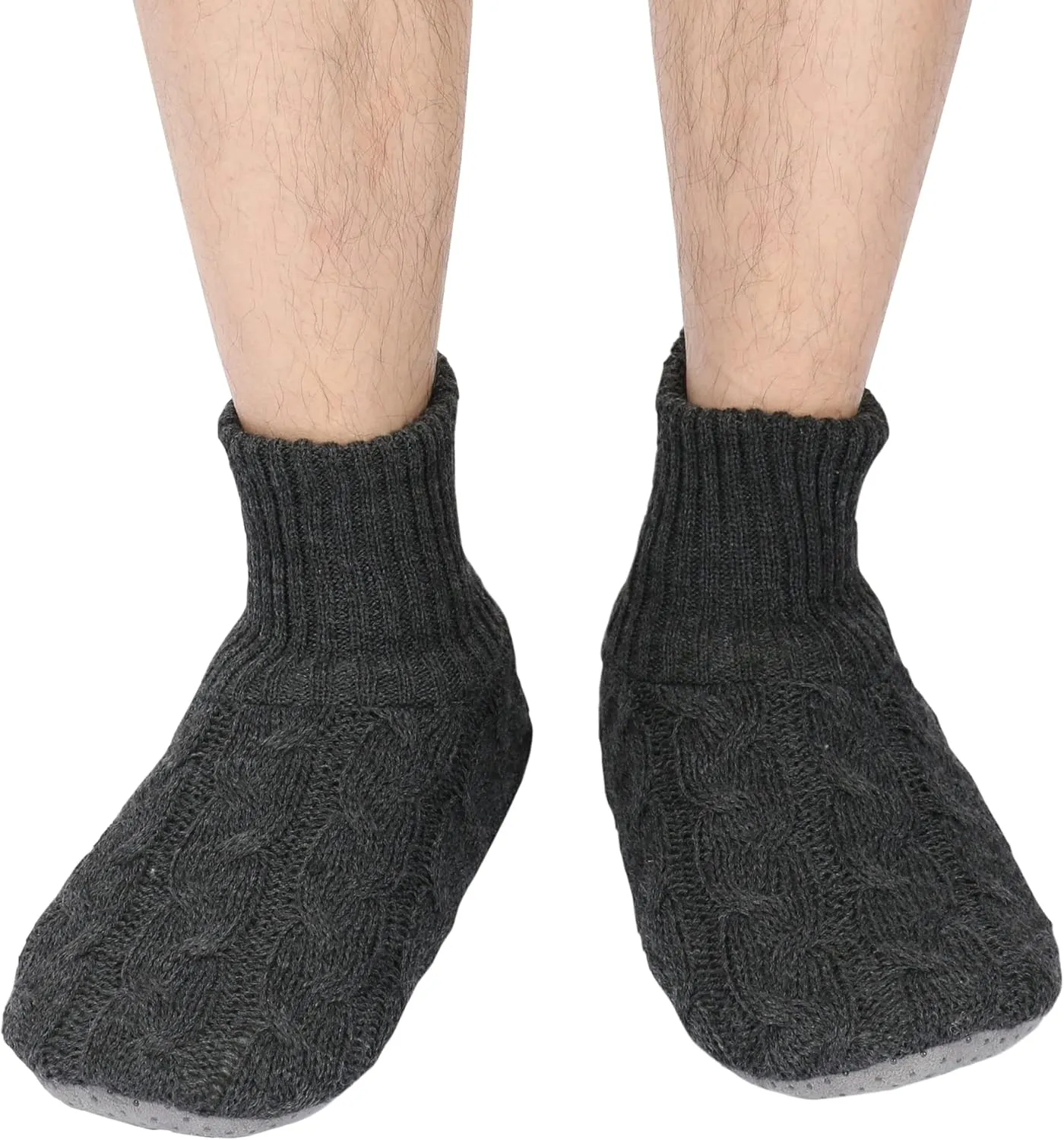 Panda Bros Men's Slipper Socks, Winter Cable Knit Non-Skid Warm Cozy Soft Indoor Socks With Fluffy Sherpa Lined