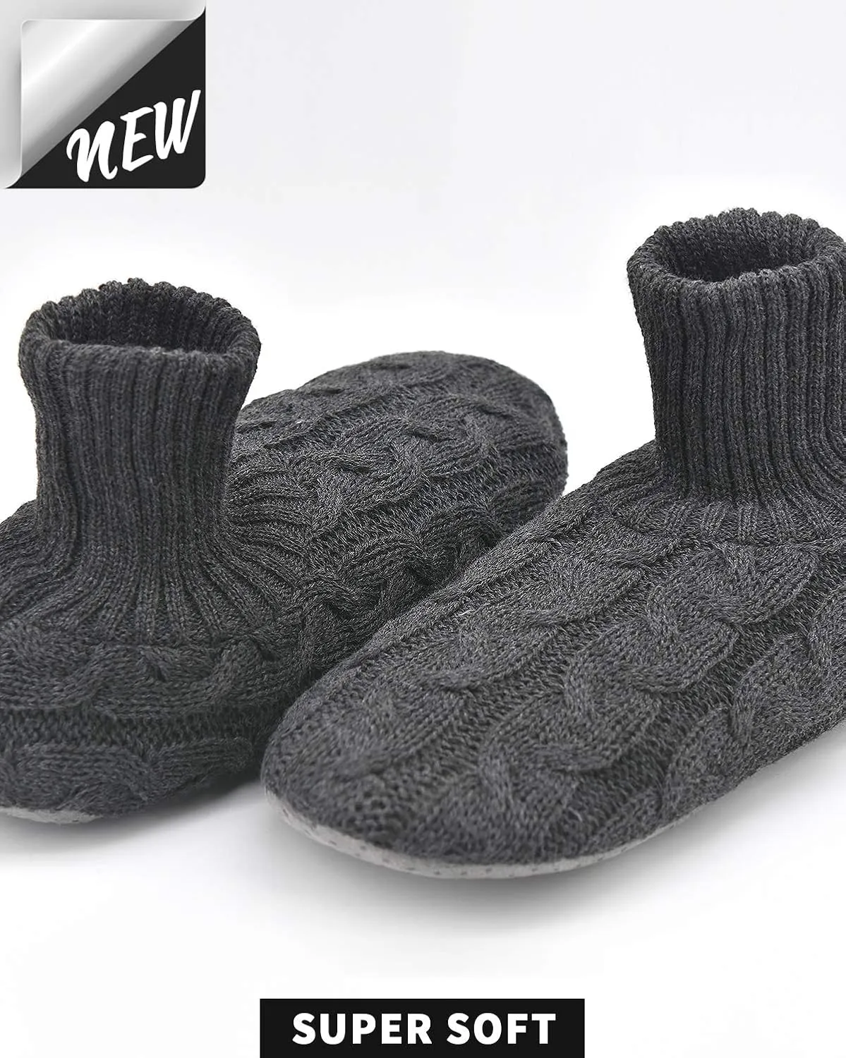 Panda Bros Men's Slipper Socks, Winter Cable Knit Non-Skid Warm Cozy Soft Indoor Socks With Fluffy Sherpa Lined
