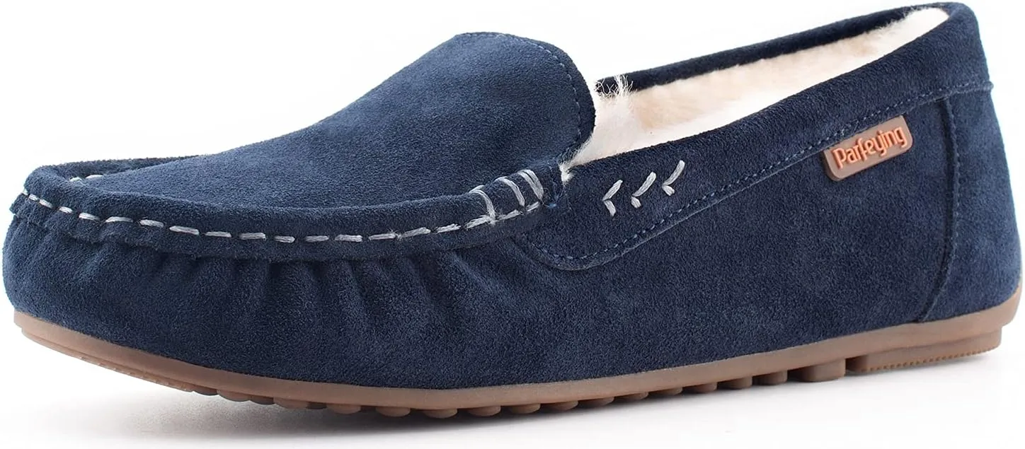 Parfeying Women's Sheepskin Moccasin Slippers Cow Suede Memory Foam Driving Style Loafers