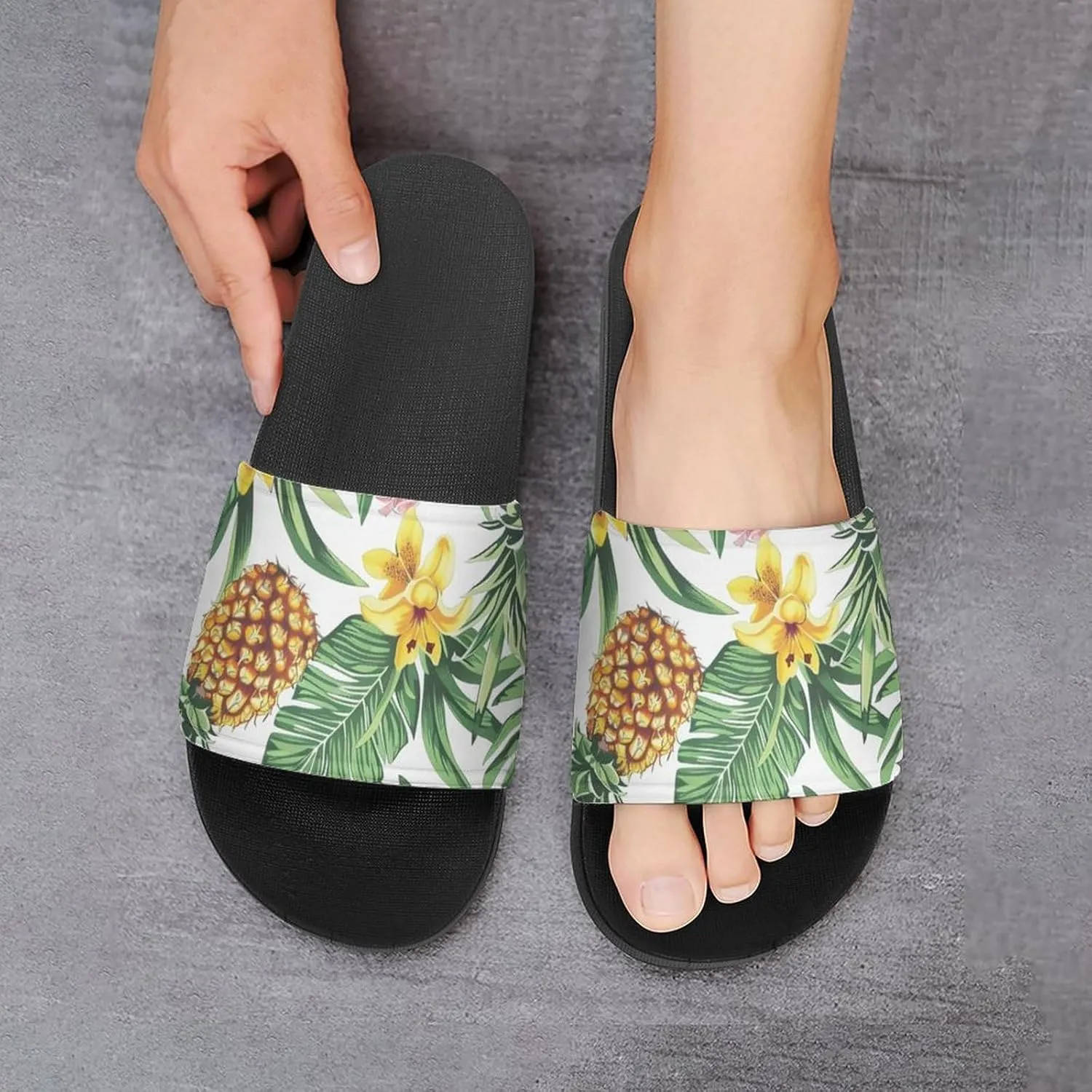 Pineapples Palm Leaves Flowers Slippers Shower Slipper In-Door Slipper Quick Drying Non-Slip Bathroom Pool Woman Man PVC