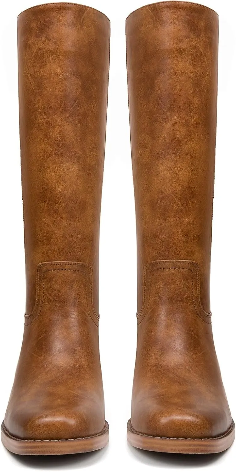 Platform Women's Knee High Square Toe Chunky Block Heel Long Wide Calf Riding Pull On Campus Boots