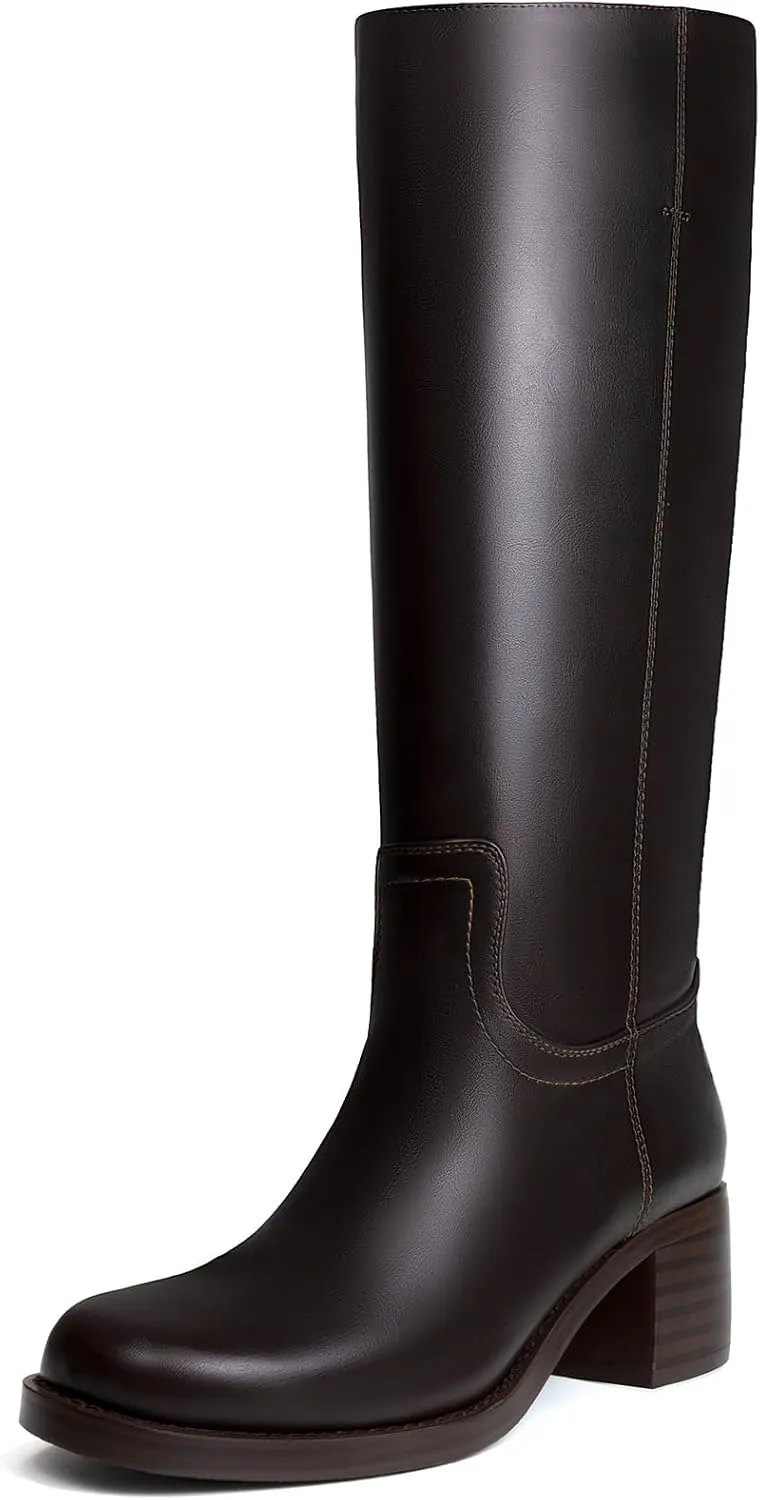 Platform Women's Knee High Square Toe Chunky Block Heel Long Wide Calf Riding Pull On Campus Boots