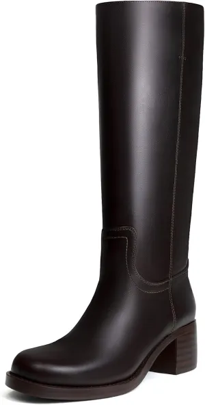 Platform Women's Knee High Square Toe Chunky Block Heel Long Wide Calf Riding Pull On Campus Boots