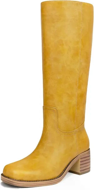 Platform Women's Knee High Square Toe Chunky Block Heel Long Wide Calf Riding Pull On Campus Boots