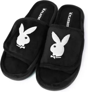 PLAYBOY Unisex Adjustable Cozy Plush Memory Foam Indoor Outdoor Soled Slipper in Sizes S-XL, Velour Velcro Slides-Black w White Bunny, X-Large Women