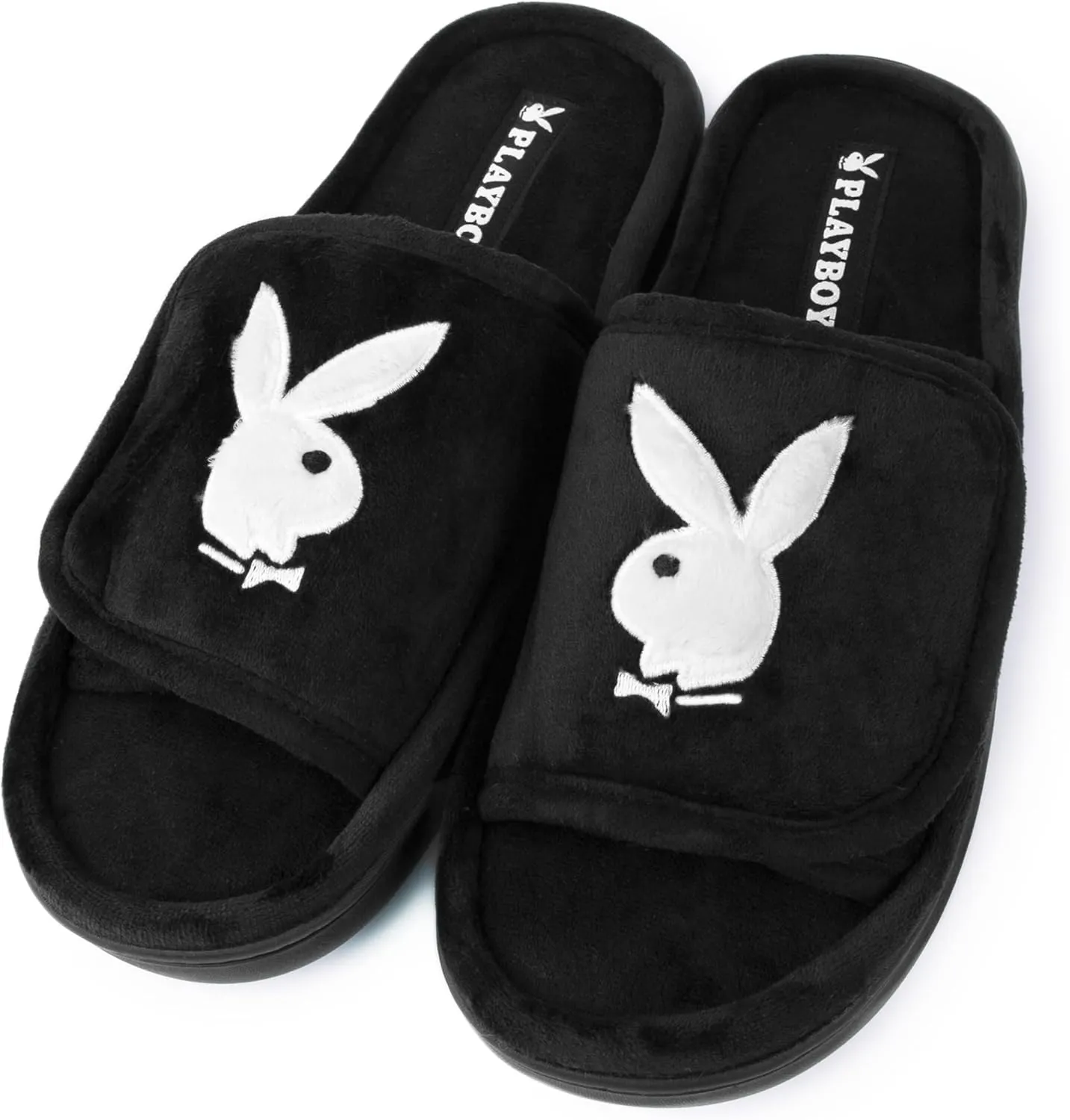 PLAYBOY Unisex Adjustable Cozy Plush Memory Foam Indoor Outdoor Soled Slipper in Sizes S-XL, Velour Velcro Slides-Black w White Bunny, X-Large Women