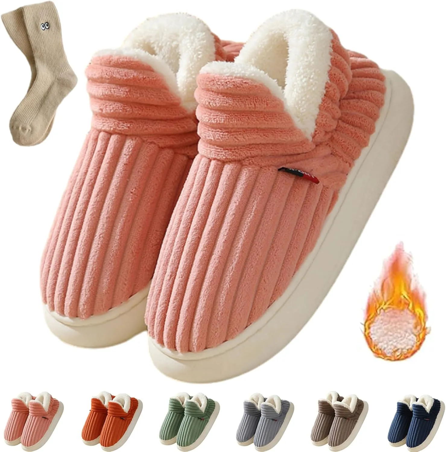 Pluffi Slipper Booties Women Men, Winter Anti-Slip Warm fluffy slippers Shoes, Plush Striped Ankle Heeled Cloud Slides