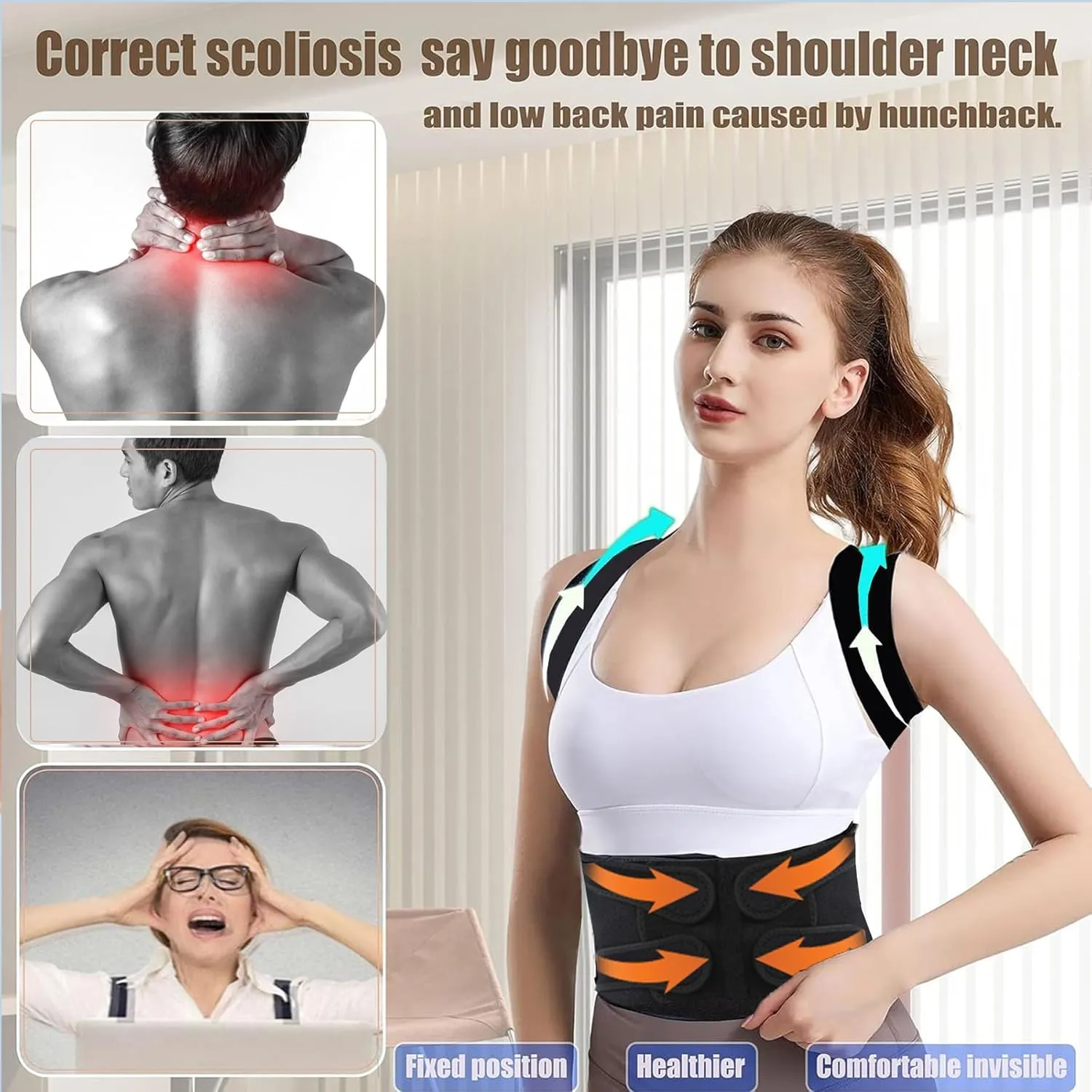Posture Corrector for Women and Men,Adjustable Full Back Brace and Shoulder Straightener,for Back Pain Relief,Hunchback Correction,Scoliosis,Thoracic Spine,Posture Trainer（Black/Large