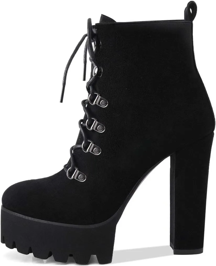 Richealnana Women's Elastic Platform Boots Round Toe Chunky High Heel Pull on Ankle Booties
