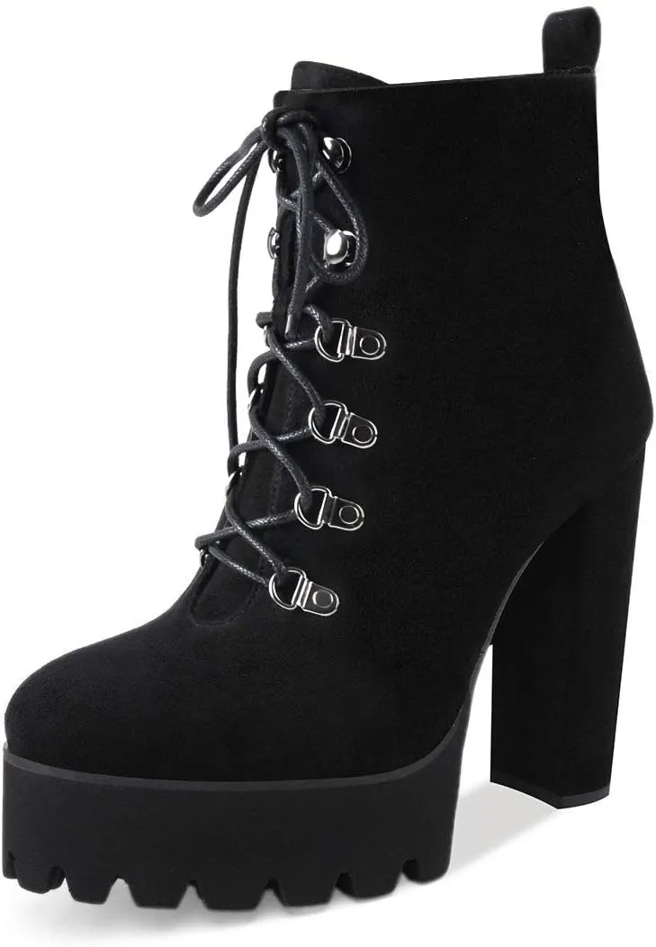 Richealnana Women's Elastic Platform Boots Round Toe Chunky High Heel Pull on Ankle Booties