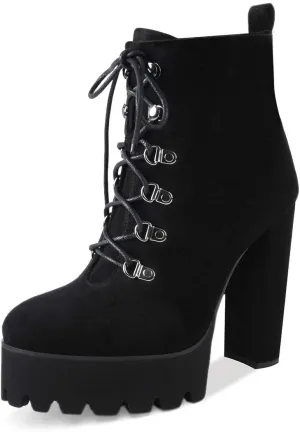 Richealnana Women's Elastic Platform Boots Round Toe Chunky High Heel Pull on Ankle Booties