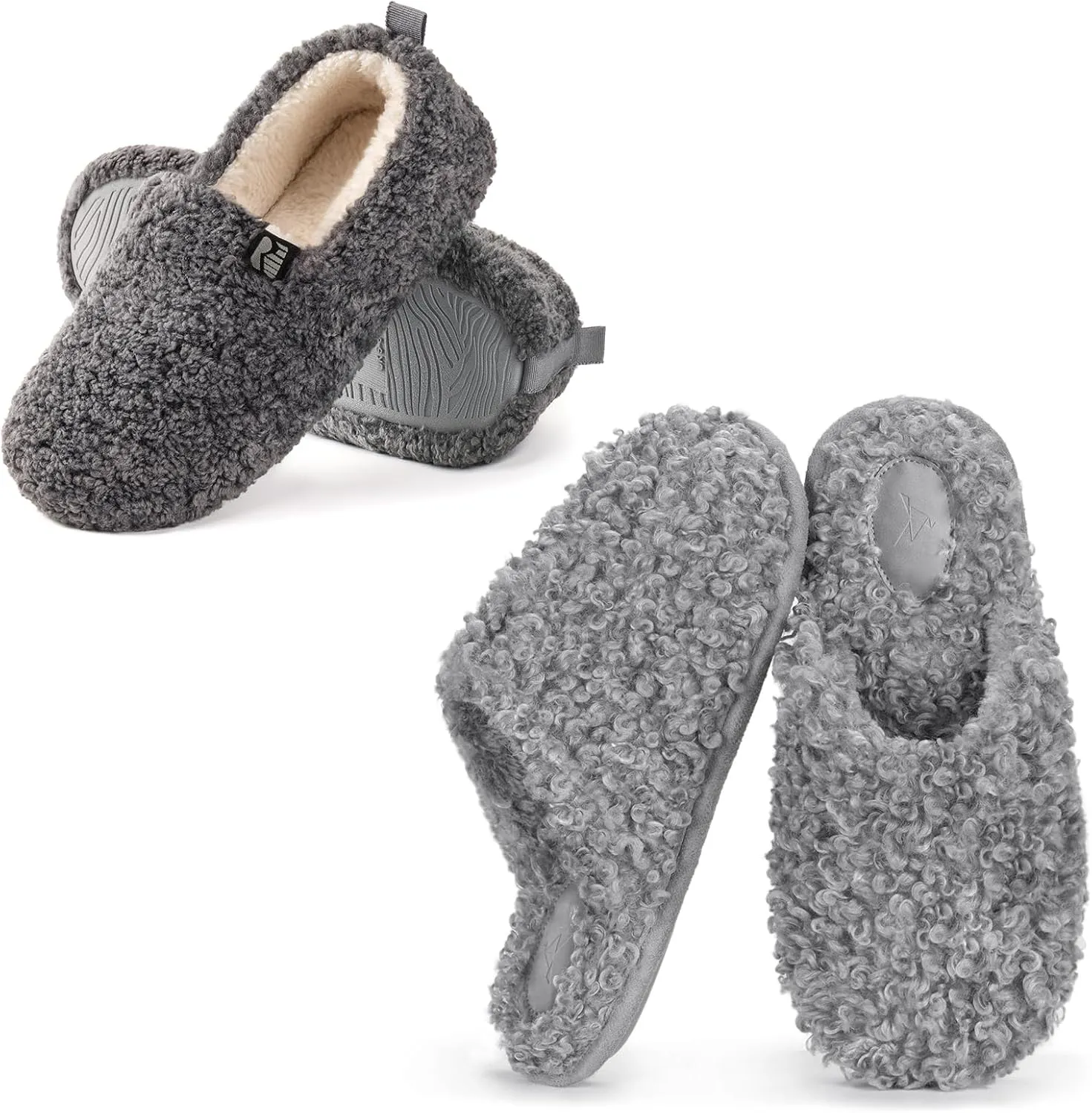 RockDove Set of 2 Pairs - Women's Size 9, Faux Shearling Closed Back Slipper (Cool Grey) Twirl Fleece Fuzzy House Scuff Slipper (Ash Grey)