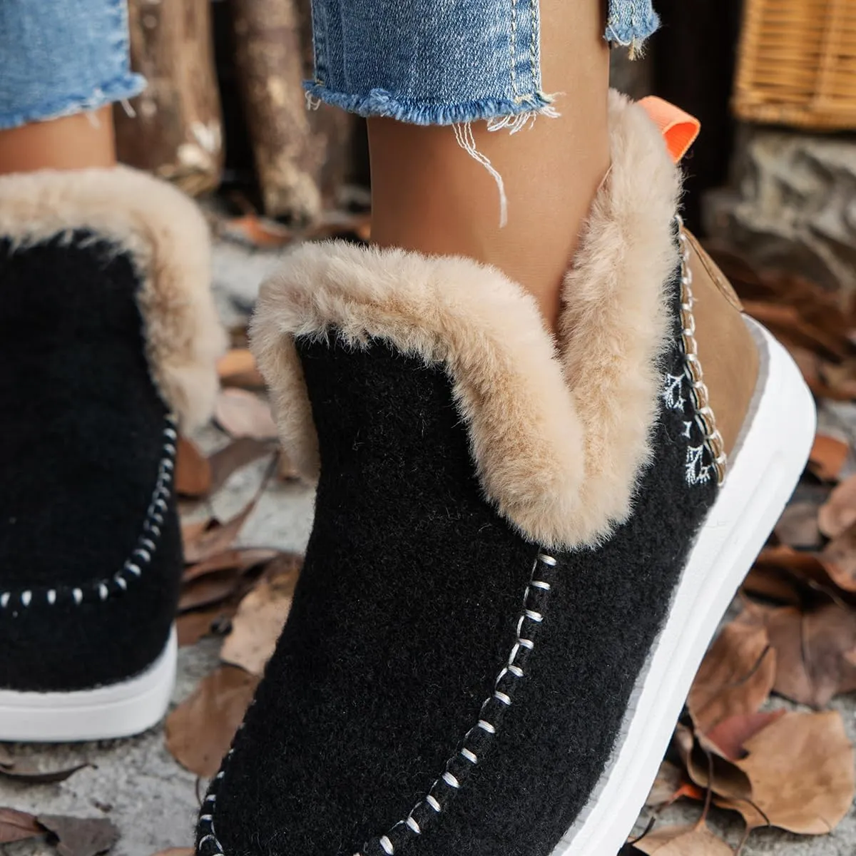 SACFOF Womens Winter Flat Fluffy Snow Boots,Warm Faux Fur Lining Anti-Slip Slip on Loafer Casual Outdoor Plush Short Booties