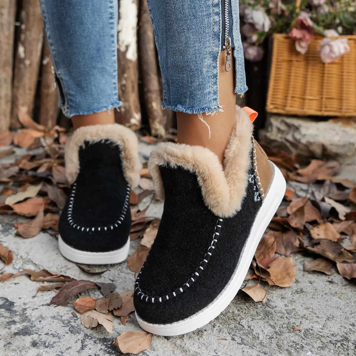 SACFOF Womens Winter Flat Fluffy Snow Boots,Warm Faux Fur Lining Anti-Slip Slip on Loafer Casual Outdoor Plush Short Booties