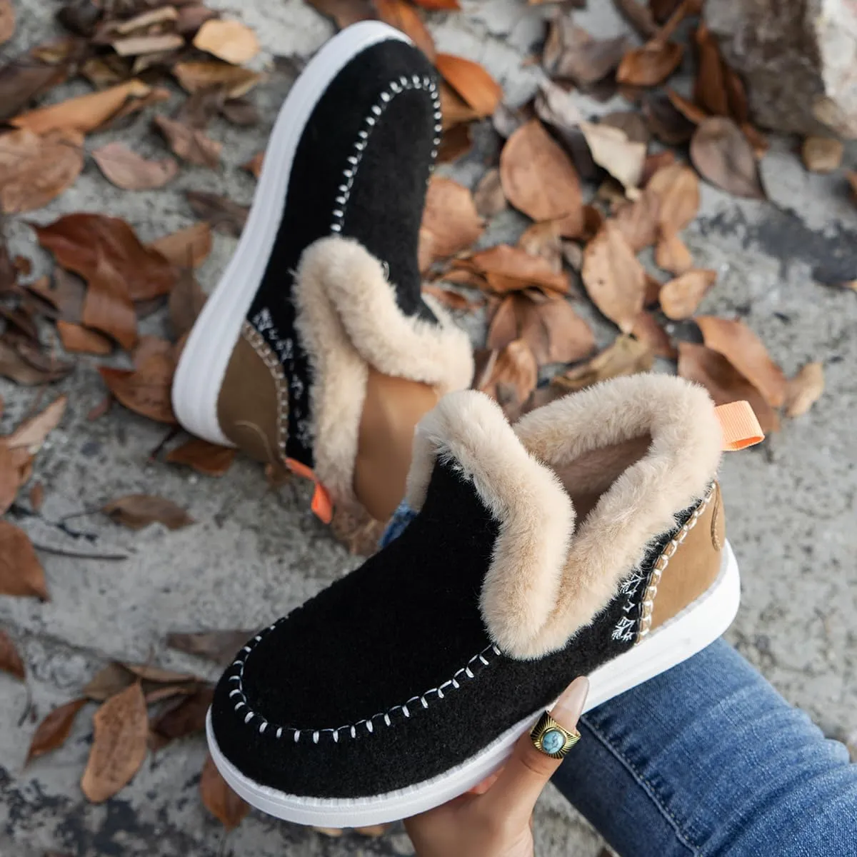 SACFOF Womens Winter Flat Fluffy Snow Boots,Warm Faux Fur Lining Anti-Slip Slip on Loafer Casual Outdoor Plush Short Booties
