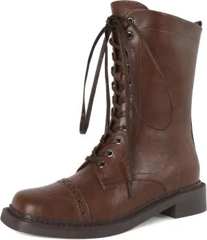 SAMMITOP Women's Ankle Bootie Lace up Mid Calf Combat Boots Chunky Low Heel Square Toe Zipper Boots Fashion Dress Shoes 1.4 Inch