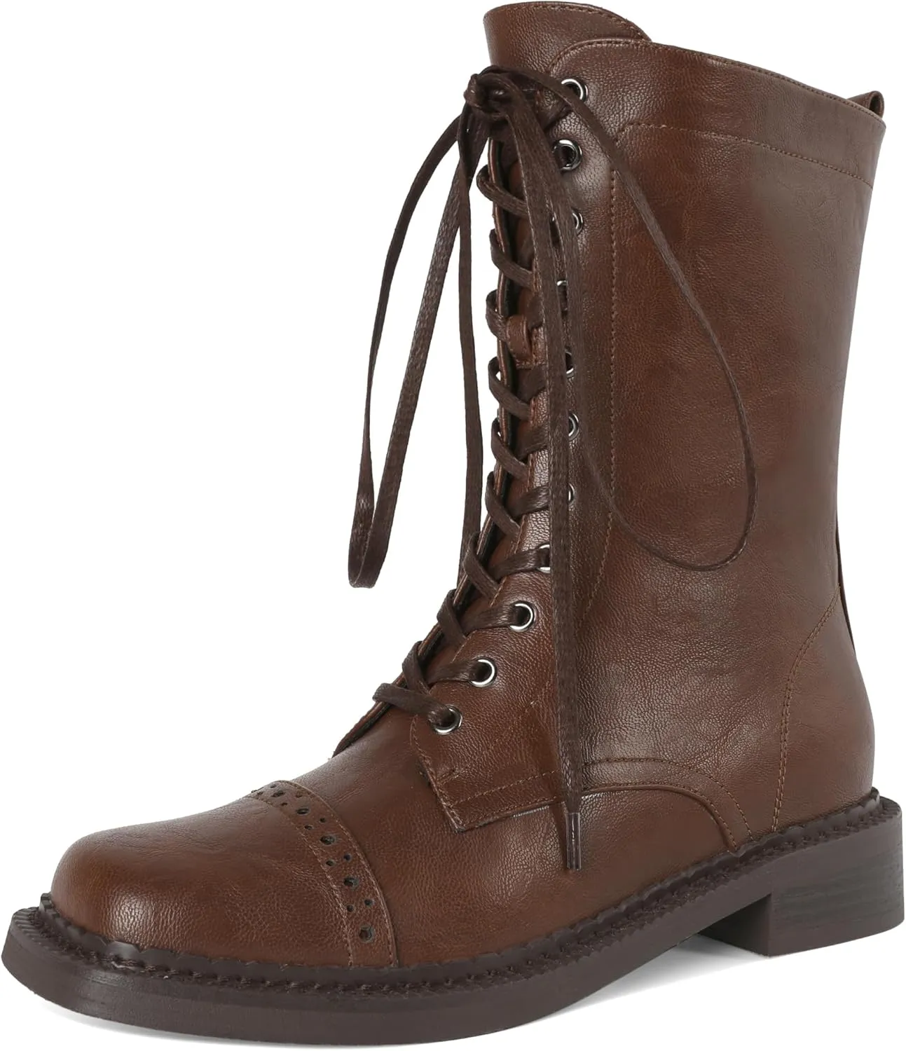 SAMMITOP Women's Ankle Bootie Lace up Mid Calf Combat Boots Chunky Low Heel Square Toe Zipper Boots Fashion Dress Shoes 1.4 Inch