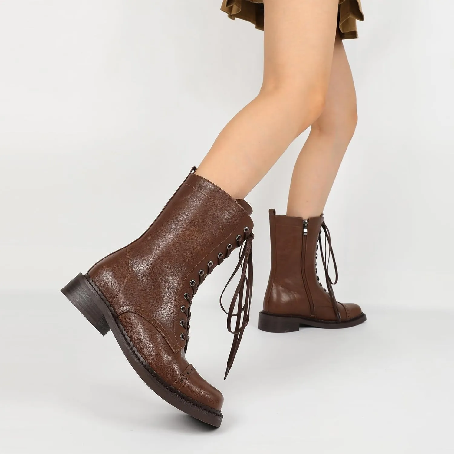SAMMITOP Women's Ankle Bootie Lace up Mid Calf Combat Boots Chunky Low Heel Square Toe Zipper Boots Fashion Dress Shoes 1.4 Inch