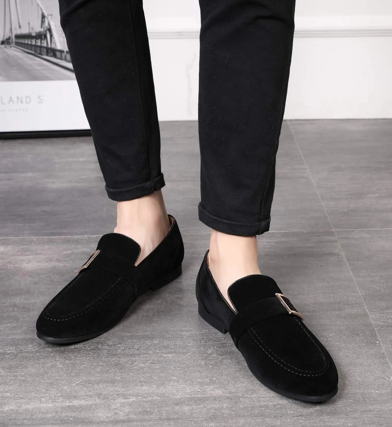 Santimon Casual Dress Shoes Men Slip on Driving Flats Suede Smoking Slipper Buckle Moccasins Loafers Black Brown Tan