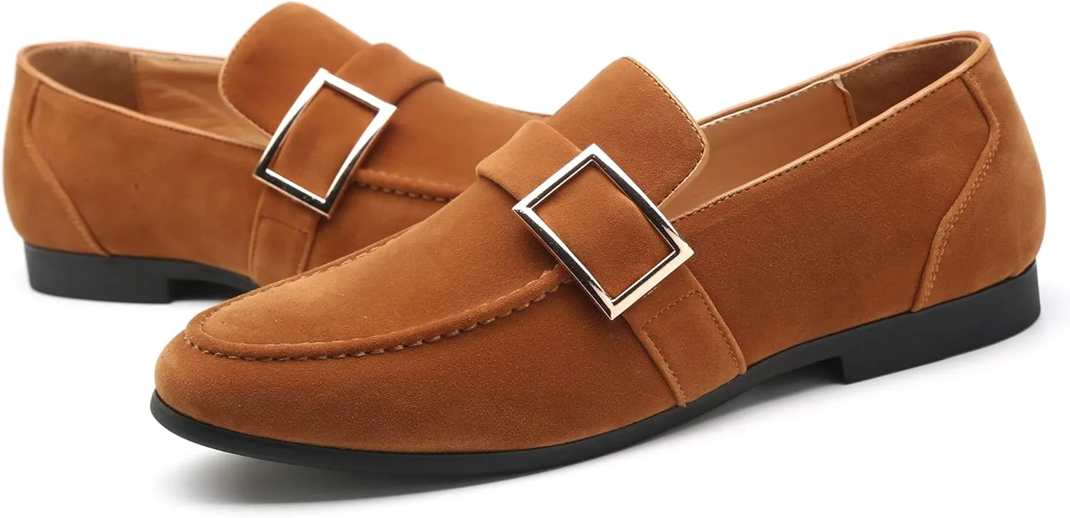 Santimon Casual Dress Shoes Men Slip on Driving Flats Suede Smoking Slipper Buckle Moccasins Loafers Black Brown Tan