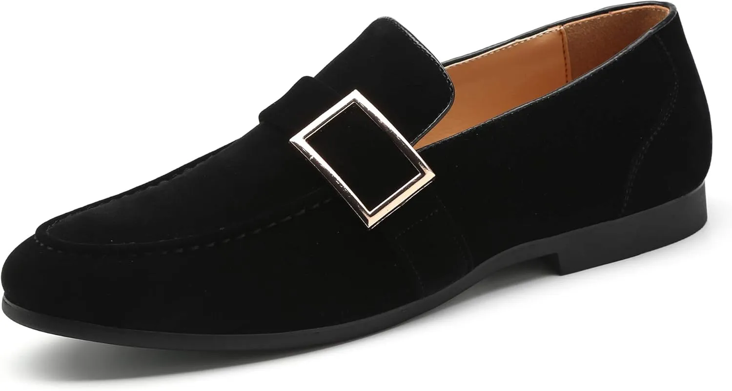 Santimon Casual Dress Shoes Men Slip on Driving Flats Suede Smoking Slipper Buckle Moccasins Loafers Black Brown Tan