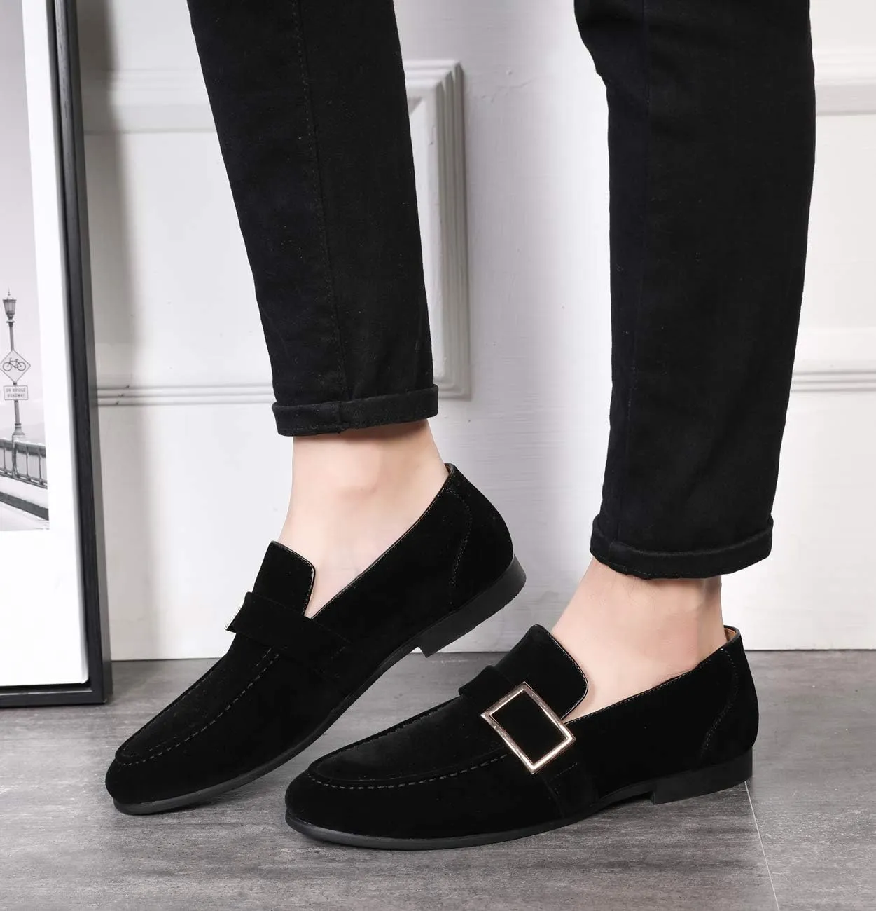 Santimon Casual Dress Shoes Men Slip on Driving Flats Suede Smoking Slipper Buckle Moccasins Loafers Black Brown Tan