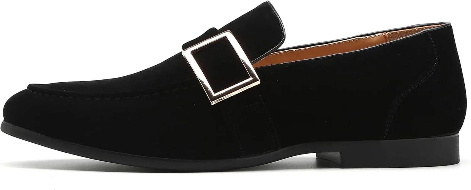 Santimon Casual Dress Shoes Men Slip on Driving Flats Suede Smoking Slipper Buckle Moccasins Loafers Black Brown Tan