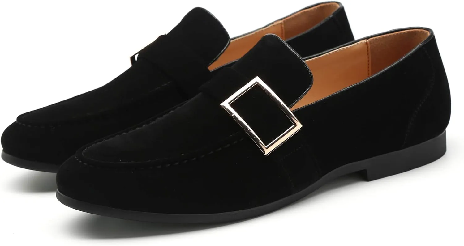Santimon Casual Dress Shoes Men Slip on Driving Flats Suede Smoking Slipper Buckle Moccasins Loafers Black Brown Tan