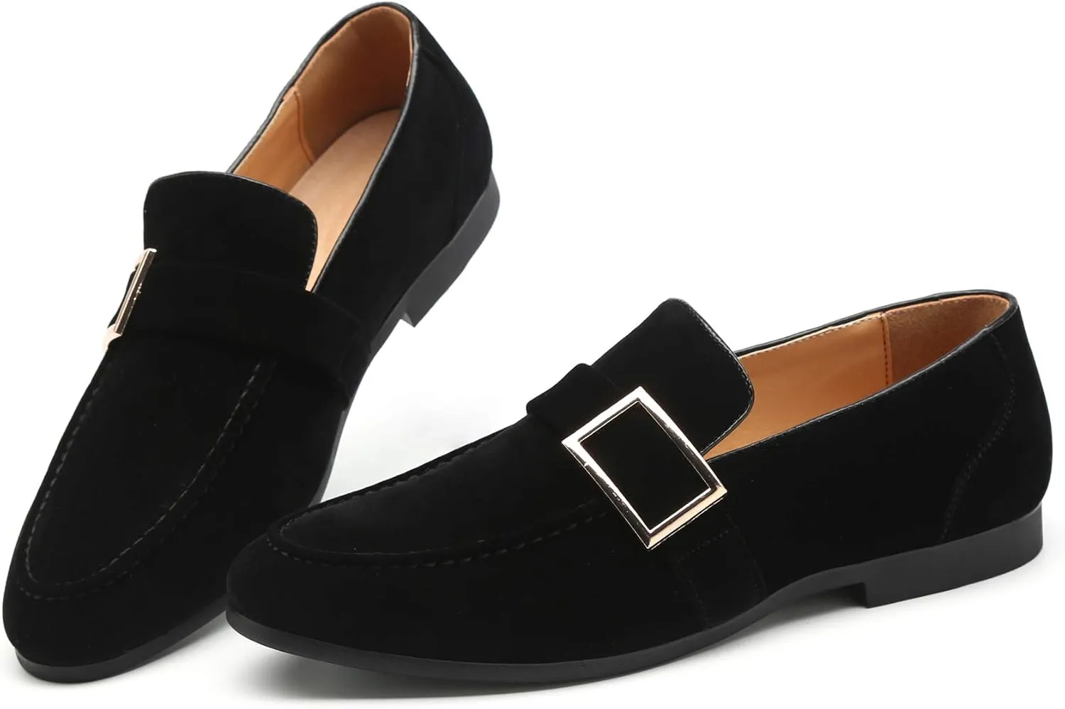 Santimon Casual Dress Shoes Men Slip on Driving Flats Suede Smoking Slipper Buckle Moccasins Loafers Black Brown Tan