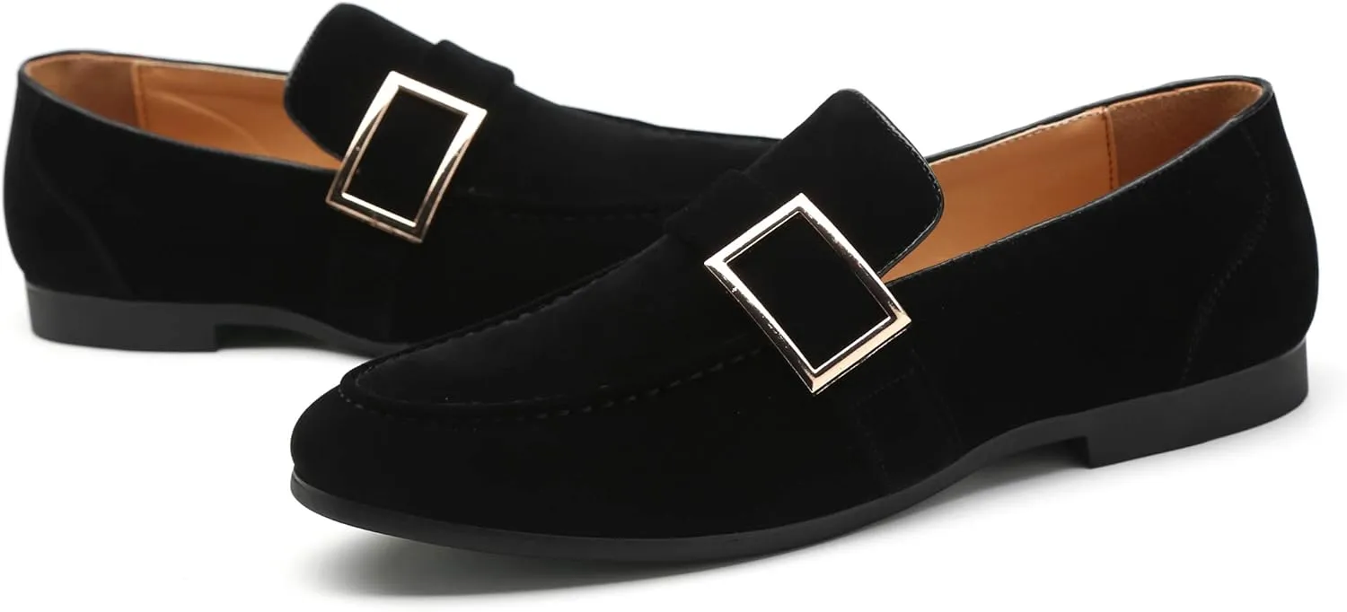 Santimon Casual Dress Shoes Men Slip on Driving Flats Suede Smoking Slipper Buckle Moccasins Loafers Black Brown Tan