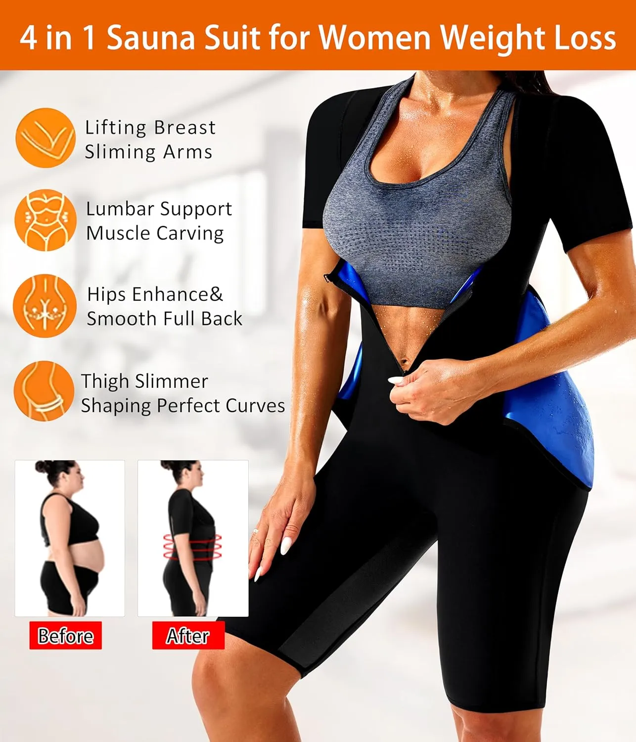 Sauna Suit for Women Sweat Suit Waist Trainer Vest 4 IN 1 Slimming Full Body Sauna Jumpsuit Workout Sauna Suits Women