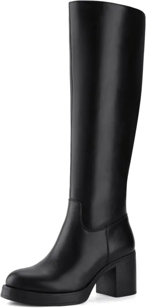 Shoe'N Tale Platform Knee High Boots for Women Block Chunky Heel Round Toe Side Zipper Tall Boots